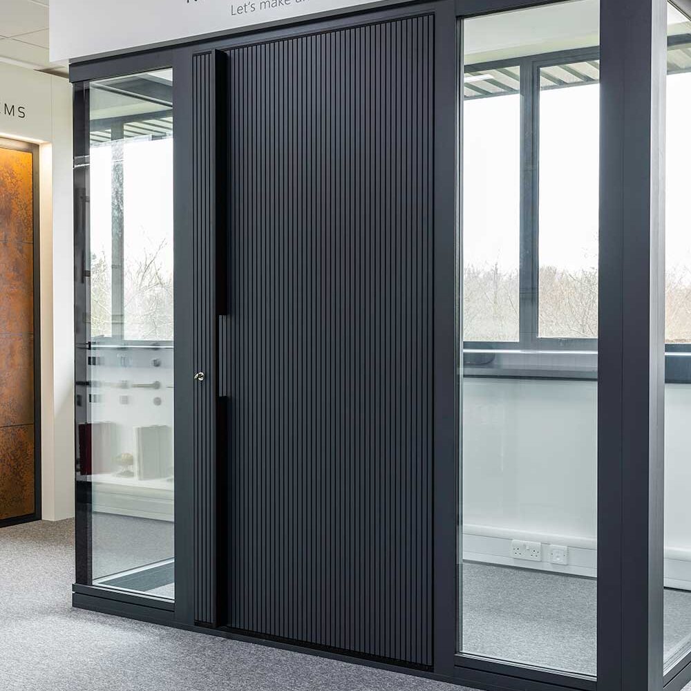 Modern slatted aluminium door Hertford showroom Modern slatted aluminium door Hertford showroom