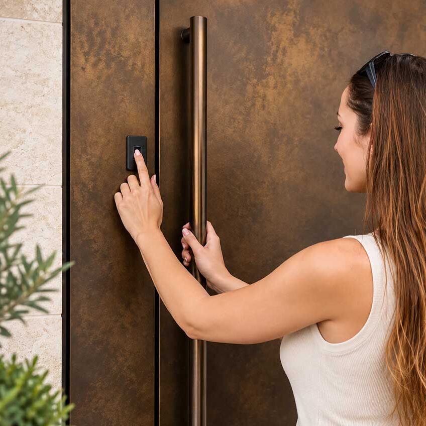 Woman-Unlocking-a-Bronze-Entry-Door-finger-scanner