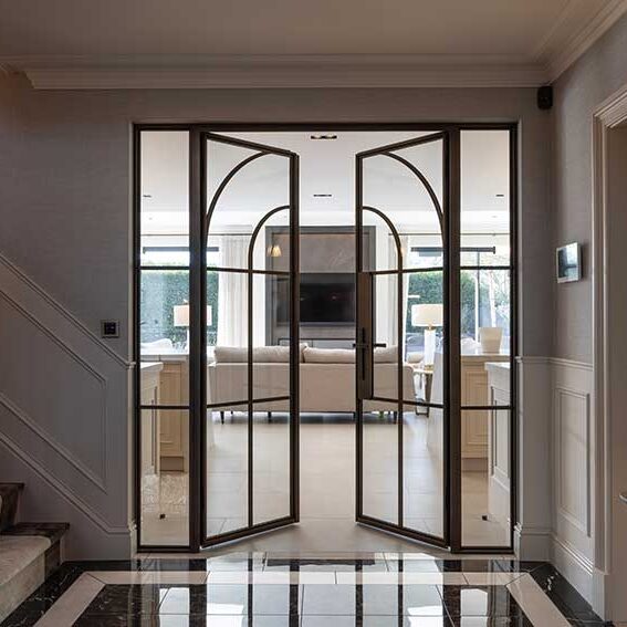 slim-line-RKsteel_CUC22262 Crittall style fire doors leading to living room